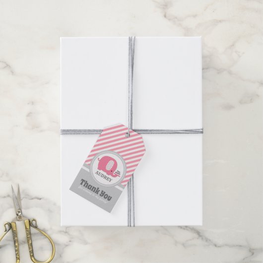 Cute Pink Elephant First Birthday Cadeaulabel (Met Touw)