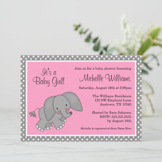 Cute Pink Elephant Girl Baby Shower Invitations Kaart (Staand voorkant)
