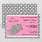 Cute Pink Elephant Girl Baby Shower Invitations Kaart (Voorkant / Achterkant)