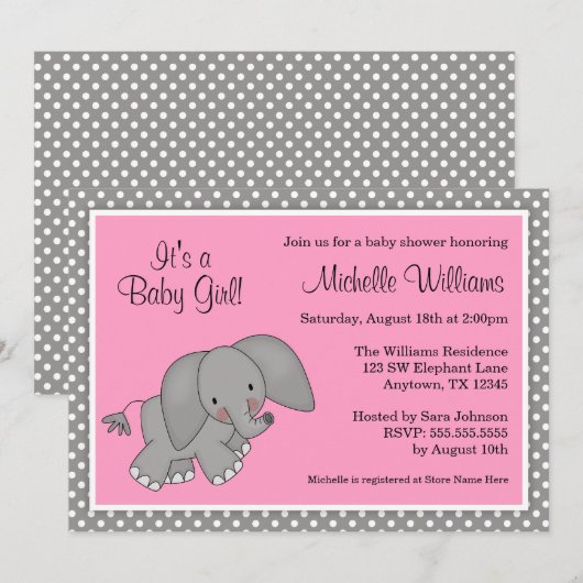 Cute Pink Elephant Girl Baby Shower Invitations Kaart (Voorkant / Achterkant)