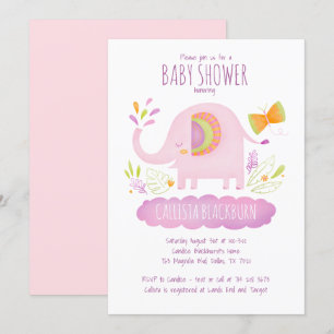 Cute Pink Elephant Girl Baby shower Kaart