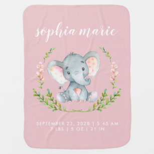 Cute Pink Elephant Girl Birth Stats Inbakerdoek