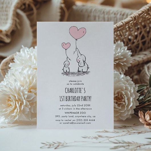 Cute Pink Elephant Girls minimum Birthday Party Kaart