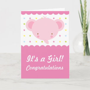 Cute Pink Elephant is een Girl Gefeliciteerd! Kaart