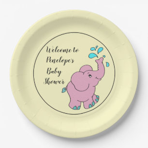 Cute Pink Elephant met Jouw naam Baby shower Pape Papieren Bordje