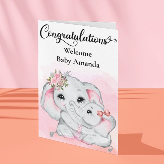 Cute Pink Elephant Moeder Baby gefeliciteerd Kaart