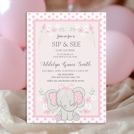 Cute Pink Elephant Polka Dots Flowers Sip Zie Baby Kaart