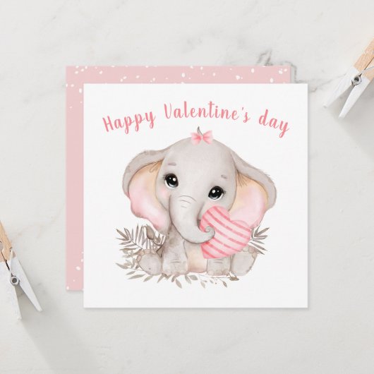 Cute Pink Elephant Valentijnsdag Kaart (Voorkant / Achterkant in situ)