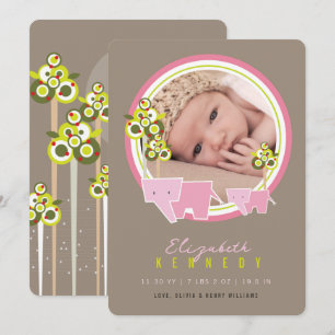 Cute Pink Elephants Family Baby Girl Foto geboorte Aankondiging