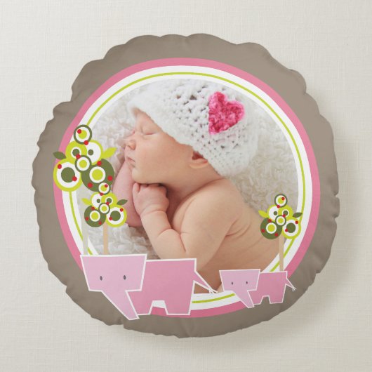Cute Pink Elephants Forest Baby Girl Foto Rond Kussen (Voorkant)