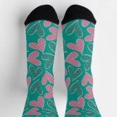 Cute Pink en Blauwgroen Floral Hearts Pattern Sokken (Top)