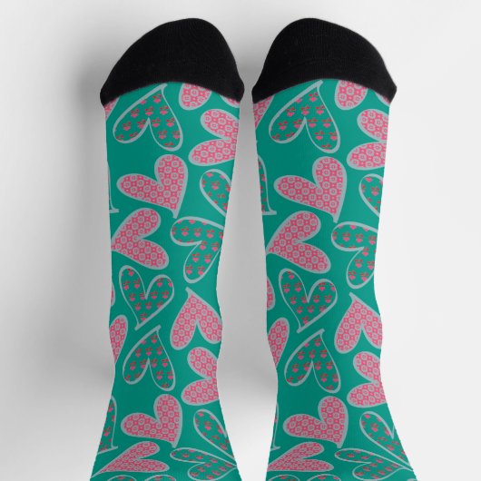 Cute Pink en Blauwgroen Floral Hearts Pattern Sokken (Top)