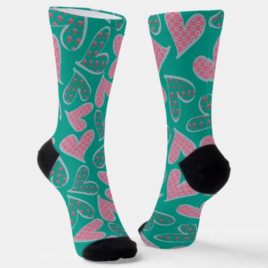 Cute Pink en Blauwgroen Floral Hearts Pattern Sokken (Gebogen)