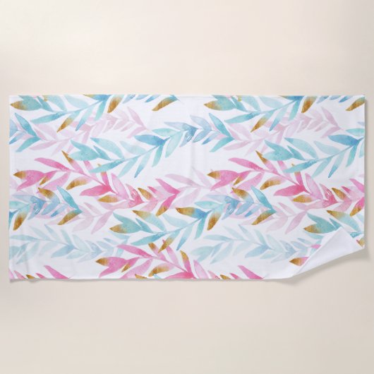Cute Pink en Blue met Gold Waterverf Floral Strandlaken (Voorkant)