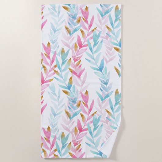 Cute Pink en Blue met Gold Waterverf Floral Strandlaken (Voorkant)