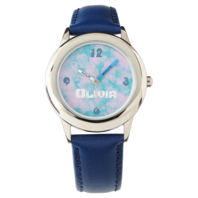 Cute Pink en Blue Sky Clouds Personalized Watch Horloge (Voorkant)