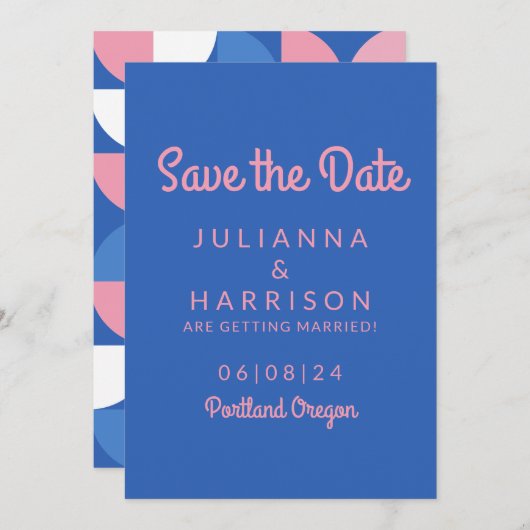Cute Pink en Blue Whimsical Typografie Save The Date (Voorkant / Achterkant)