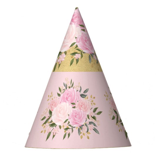 Cute Pink en Gold Floral Greenery Girls Birthday Feesthoedjes (Voorkant)