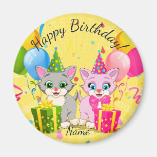 Cute Pink en Gray Birthday Kitten Cartoons Magneet