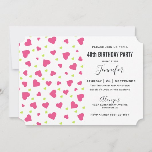 Cute Pink en Green Hearts Pattern Birthday Kaart (Voorkant)