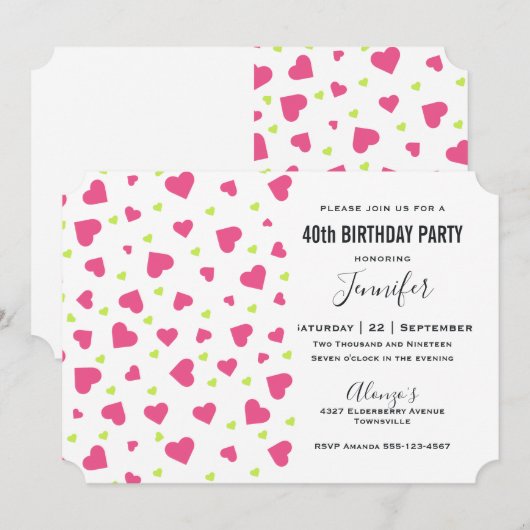 Cute Pink en Green Hearts Pattern Birthday Kaart (Voorkant / Achterkant)