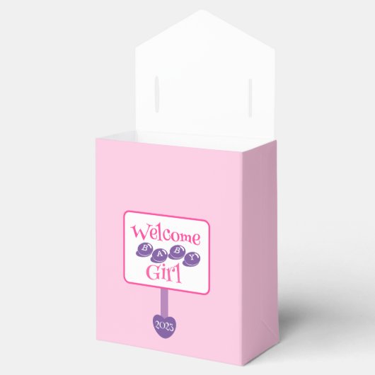 Cute Pink en Paarse Baby Girl Shower Signpost Bedankdoosjes (Geopend)