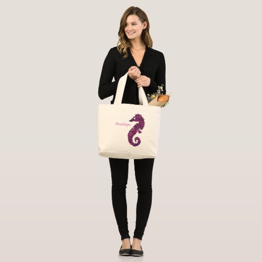 Cute Pink en Paarse Fractal Seahorse met naam Grote Tote Bag (Voorkant (model))