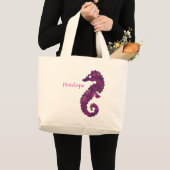 Cute Pink en Paarse Fractal Seahorse met naam Grote Tote Bag (Voorkant (product))