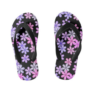 Cute Pink en Purple Flowers op Black Kinder Teenslippers