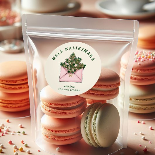 Cute Pink Envelope Holly Greenery Mele Kalikimaka  Ronde Sticker