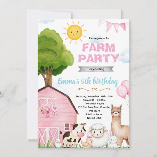 Cute pink farm barnyard invitation kaart (Voorkant)