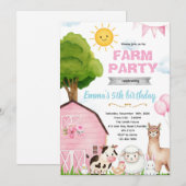 Cute pink farm barnyard invitation kaart (Voorkant / Achterkant)