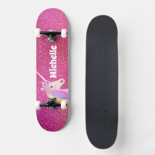 Cute Pink Faux Glitter Unicorn Persoonlijk Persoonlijk Skateboard (Voorkant)