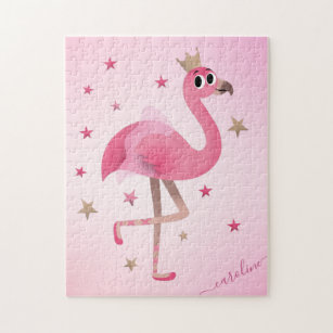 Cute Pink Flamingo Crown Stars Kinder Girls Name Legpuzzel