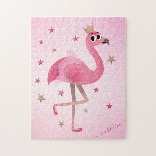 Cute Pink Flamingo Crown Stars Kinder Girls Name Legpuzzel (Verticaal)