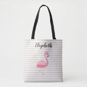 Cute Pink Flamingo Custom Name Tan Stripes Tote Bag (Voorkant)
