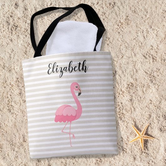 Cute Pink Flamingo Custom Name Tan Stripes Tote Bag
