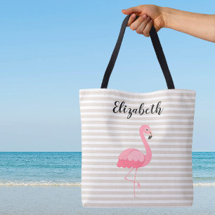 Cute Pink Flamingo Custom Name Tan Stripes Tote Bag