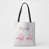 Cute Pink Flamingo Custom Name Trendy Tan Stripes Tote Bag (Voorkant)