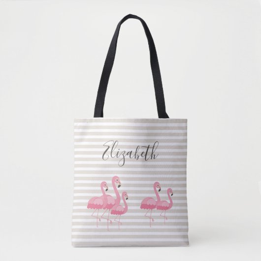 Cute Pink Flamingo Custom Name Trendy Tan Stripes Tote Bag (Voorkant)