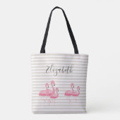 Cute Pink Flamingo Custom Name Trendy Tan Stripes Tote Bag (Achterkant)