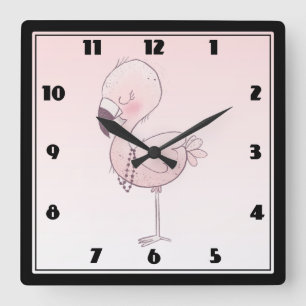 Cute Pink Flamingo Illustratie Vierkante Klok