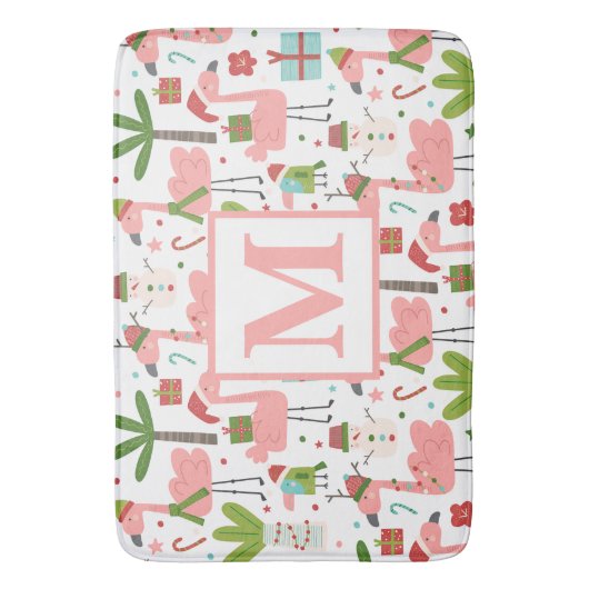 Cute Pink Flamingo Kerstmonogram Initiaal Badmat (Voorkant Verticaal)