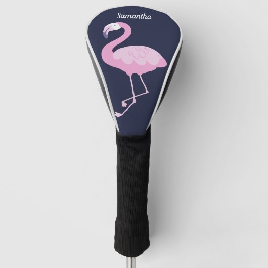 Cute Pink Flamingo on Dark Blue met Name Golfheadcover (Voorkant)