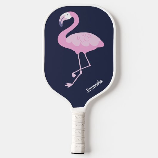 Cute Pink Flamingo on Dark Blue met Name Pickleball Paddle (Achterkant)