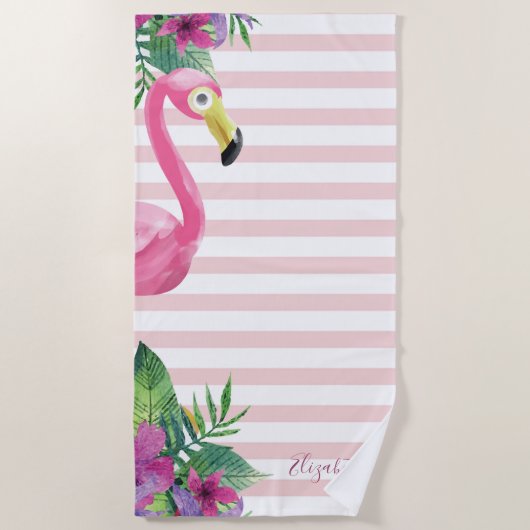 Cute Pink Flamingo Palm Leaves Strandlaken (Voorkant)