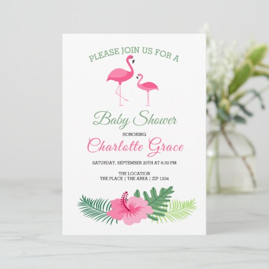 Cute Pink Flamingo Personalized Baby shower Kaart (Staand voorkant)