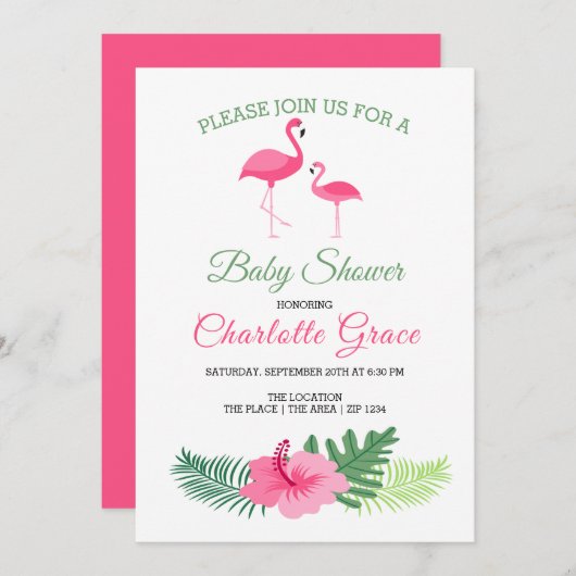 Cute Pink Flamingo Personalized Baby shower Kaart (Voorkant / Achterkant)
