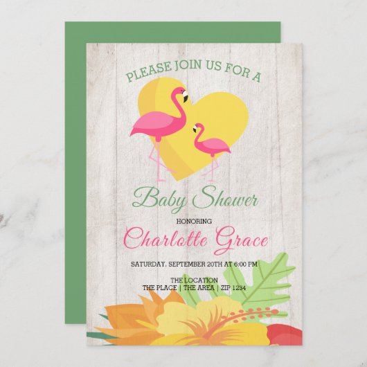 Cute Pink Flamingo Personalized Baby shower Kaart (Voorkant / Achterkant)