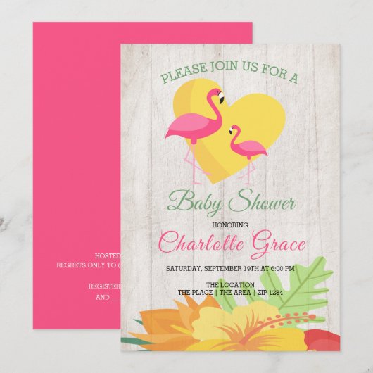 Cute Pink Flamingo Personalized Baby shower Kaart (Voorkant / Achterkant)